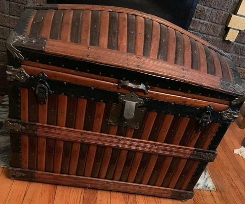 Antique Martin Maier Oak Slat Dome Top Trunk Tray Original Victorian Rare Cover