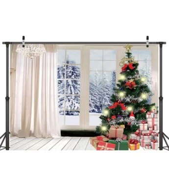 Christmas winter Background Photography Christmas Tree Gift Indoor Wooden 7X5FT - Image 1 of 4