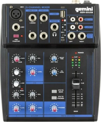 Gemini GEM-05USB 5-CHANNEL BLUETOOTH Recording Live Sound Mixer, w/ USB Playback - Image 1 of 3