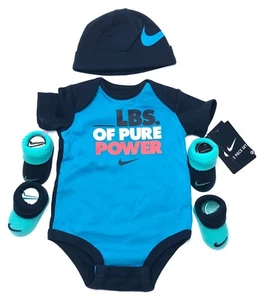 NEW NIKE Baby Boys 4-Pc GIFT SET: Bodysuits/Rompers, Hat & Booties, 0-6 Months. - Picture 1 of 6