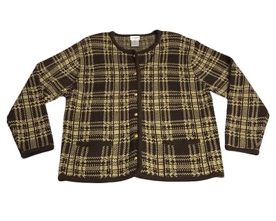 Cárdigan suéter vintage Liz Baker para mujer grande marrón a cuadros Preppy Academia años 90 Foto 1 de 4