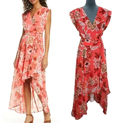 Eliza J Womens 10 Surplice High Low Chiffon Maxi Dress Pink Floral - Image 1 of 4