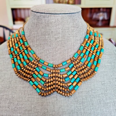 Collar de moda con babero de vieira marrón turquesa cuentas de madera tribal boho Foto 1 de 4