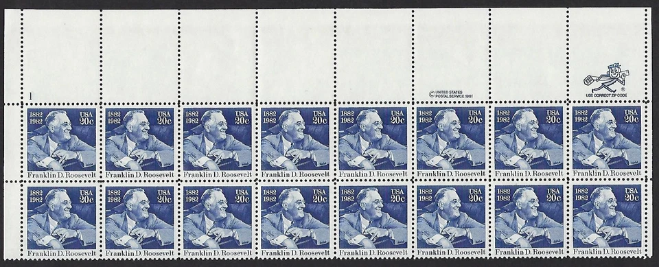 1950 MNH Plate Block of 16, 20-cent stamps honoring Franklin D. Roosevelt  - Image 1 of 1