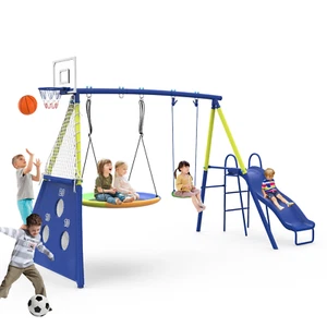 Swing Set for Kids Outdoor Swing Sets Heavy-Duty Metal Swing Set Slide Backyar - Picture 1 of 11
