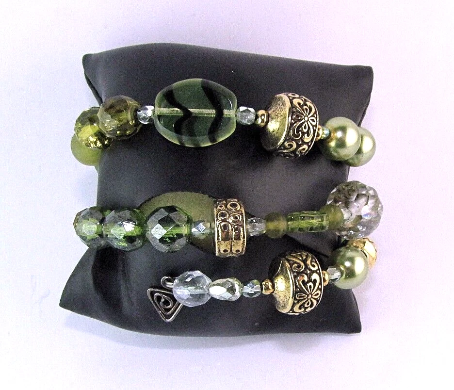 Coil Wire Wrap Bracelet Green Glass Peridot Stone Gold Metal Beads Artisan - Image 1 of 3