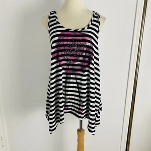 Tank Top Tee Shirt Forever 21 Size M Long Black White Striped Diamante Rose - Picture 1 of 17
