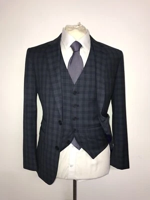 TED BAKER -Slim Fit 3 PEÇAS TERNO DE LÃ XADREZ AZUL - 36 Curto - W32 L29 -USADO UMA VEZ - Imagem 1 de 4