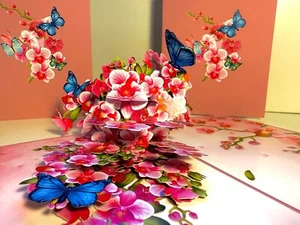 ORIGAMI POP CARDS Purple Orchid Garden Butterflies Happy Anniversary Pop Up Card - Picture 1 of 17