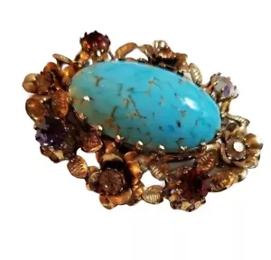 Vintage Gold-Tone Floral Brooch Turquoise-Style Stone Multicolor Rhinestones js4 - Picture 1 of 8