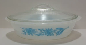 Vintage Glasbake Aqua Blue Thistle Oval Casserole Dish With Lid - 1 Quart - Picture 1 of 5