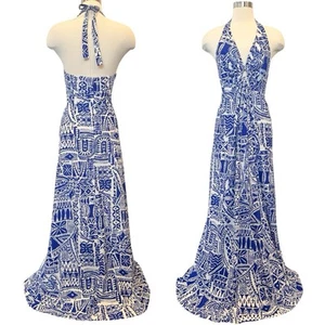 Vintage Hawaii Nei Blue White Knit Hawaiian Print 70s Maxi Gown Halter Dress - Picture 1 of 9