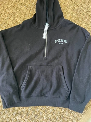 NEW! Victoria's Secret PINK Ivy Fleece Campus Half-Zip Hoodie Black Sz L - Image 1 of 2