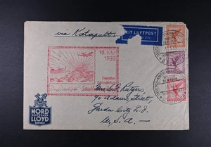 1933 Caterpult Germany Air Mail Stamps Slits Opened Cover Bremen Europa Ship - Picture 1 of 2