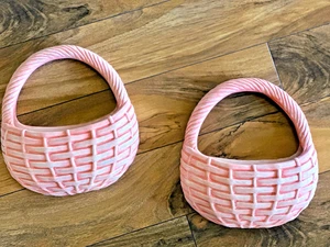 Vintage Pink Wall Mounted Pocket Ceramic Planter Hanging Vase Basket Shaped Pair - Picture 1 of 5
