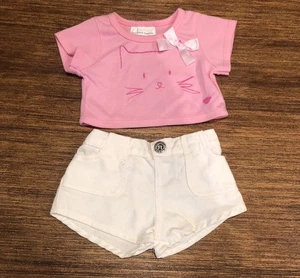 Build-A-Bear rosa Katzengesicht Top Shirt & weiße Denim Jeansshorts Freizeit Outfit - Bild 1 von 4