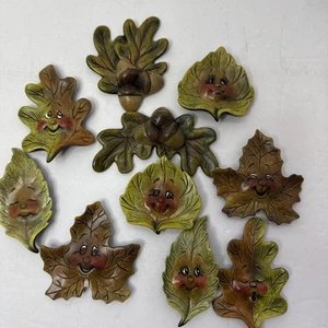 Cute Faces Pottery Leaf Shaped Decorative Leaves Set of 10 Smiles Acorns Happy - Bild 1 von 7