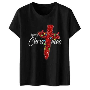 Women Fashion for Casual Tops Short Sleeve Round Neck Tee T-Shirt Christmas - Picture 1 of 10