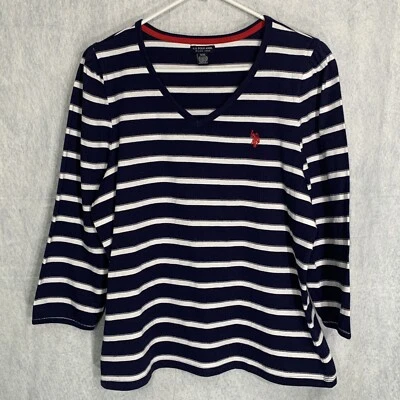 U.S. Polo Women’s XXL Pullover Metallic Silver Navy White Stripes 3/4 Sleeve - Image 1 of 4