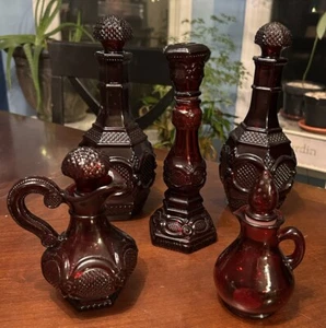 Lot Of 5 Ruby Red Glass AVON 1876 Cape Cod PCs 2 Decanters 2 Cruets 1Candlestick - Picture 1 of 13