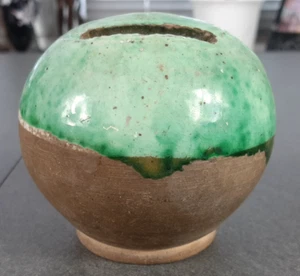 Teil glasierte Keramik Spardose in grün braun rund signiert Penger Keramik? - Bild 1 von 5