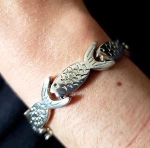 Vintage Sterling Silver 7.5" Bracelet Womens Fish Link Trout Salmon Bass Pike - Picture 1 of 7