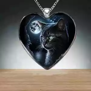 Punk Style Animal Black Cat Heart Pendant Necklace - Picture 1 of 5