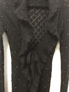 Nordstrom 525 Ameria Womens S Black Duster Cardigan Knit Ruffle Collar Waist Tie - Picture 1 of 8