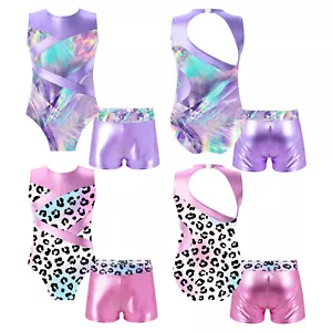 Girls Leopard Gymnastic Leotard with Shorts Outfit Ballet Dance 2Pcs Clothes Set - Picture 1 of 29