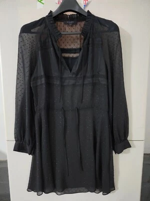Vestido All Saints Mujer M Negro Veda Brillo Mini Clip Suizo Punto Transparente Cuello en V Corbata Foto 1 de 4