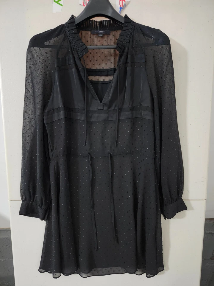 Vestido All Saints Mujer M Negro Veda Brillo Mini Clip Suizo Punto Transparente Cuello en V Corbata Foto 1 de 4