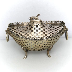 English Silverplate Openwork Basket Cavalier King Charles Handle Greyhound Lid - Picture 1 of 12
