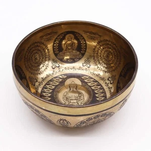 Tibetan Healing 5 Buddha Engraved Brass Singing Bowl - Buddhist Large 21cm - Picture 1 of 3