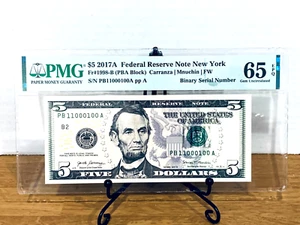 2107-A $5 FRN PMG 65EPQ fantasia VERO 0/1 BINARIO serie #PB11000100A - Foto 1 di 2