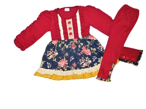 NWT GIRLS 6-7, 7-8 MAGENTA RUFFLE SLEEVE, NAVY FLORAL TUNIC & PANTS SET - Picture 1 of 6