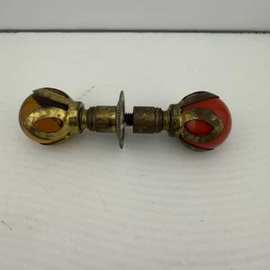 Antique Brass & Glass Finial Pair – Red & Amber Ornate Vintage Hardware - Picture 1 of 6