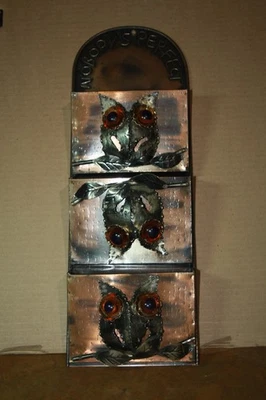 Vintage 1976 Enesco Metal "Nobody's Perfect" Letter Organizer - 3 Bins w/ Owls - Image 1 of 4