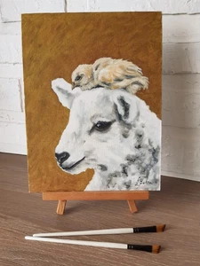 Arte de pared original de cordero y pollito pintura al óleo oveja 12 por 9 cordero y pájaro - Imagen 1 de 8