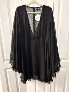 boohoo Goth Dobby Chiffon Flare Bell Wide Sleeve Skater Dress Size 16 NWT Plus - Picture 1 of 8