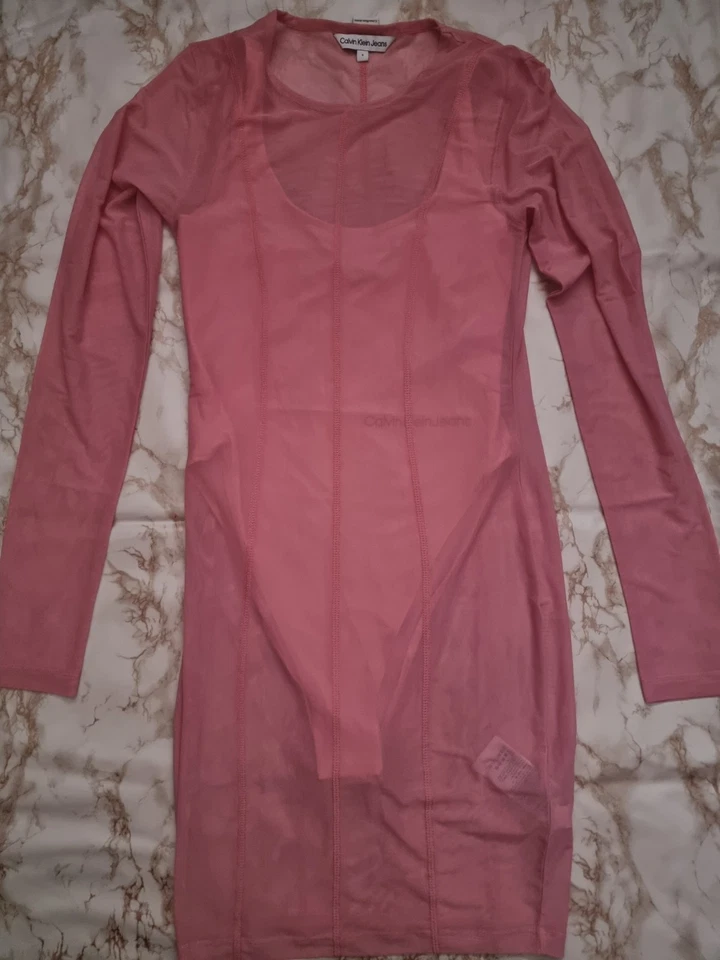 Calvin Klein Jeans seaming mesh dress in pink size UK8 - Image 1 of 4
