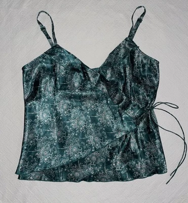 Vtg GAP Tank Top Cami Green White Floral Ruffle  Satin Spaghetti Strap Large L - Image 1 of 4