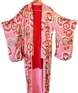 Gorgeous Vintage Pink Floral Silk Japanese Kimono Robe M/L - Picture 1 of 9