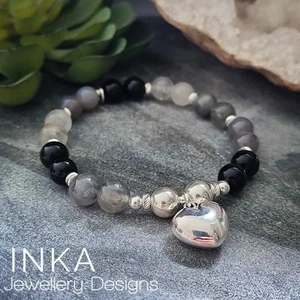 925 Sterling Silver Grey Quartz Onyx CHUNKY Heart Stacking Bracelet by INKA - Picture 1 of 10