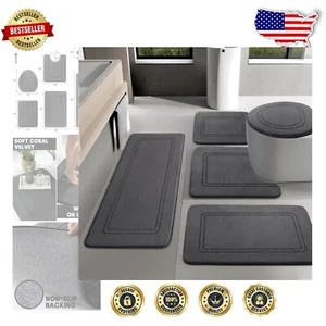 5-Piece Dark Grey Non-Slip Bath Mat Set - Machine Washable & Durable Memory Foam - Picture 1 of 9