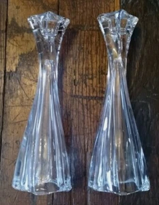 Pair of 10" Tall Glass Crystal Pillar Candlesticks - Picture 1 of 10