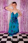 Vintage blau & grün Chiffon Lagen Blumenmuster Phool Slip Kleid Midi Kleid Größe 14