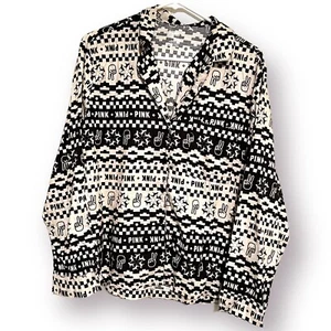 Victorias Secret Pink Womens Pajama Top Medium Black White Peace Sign Motif NWOT - Picture 1 of 10