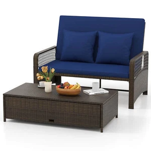 Patio Rattan Daybed Wicker Loveseat Sofa with Multifunctional Ottoman - Picture 1 of 11