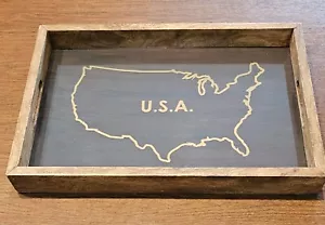 Wooden and Glass Serving Tray with Map of USA - Barely Used - Picture 1 of 6