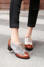 British Womens Lace Up Wingtip Color Brogue Block Heel Oxfords Chunky Heel Shoes
